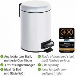 WENKO Poubelle à Pédale Leman, 3L, Petite Poubelle Salle De Bain, Acier Mat, 3L, 17x25x22.5 Cm, Blanc 11 WENKO Poubelle à Pédale Leman, 3L, Petite Poubelle Salle De Bain, Acier Mat, 3L, 17x25x22.5 Cm, Blanc -WENKO Soldes 6579270 5