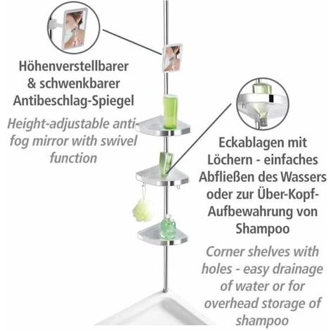 WENKO Étagère D'angle De Douche Télescopique Premium, 3 Paniers De Douche Fixation Sans Perçage, Fixation Par Torsion Et Réglable En Hauteur, Aluminium - Plastique, 27,5x70-260x20 Cm, Brillant 4 WENKO Étagère D'angle De Douche Télescopique Premium, 3 Paniers De Douche Fixation Sans Perçage, Fixation Par Torsion Et Réglable En Hauteur, Aluminium - Plastique, 27,5x70-260x20 Cm, Brillant – Image 2