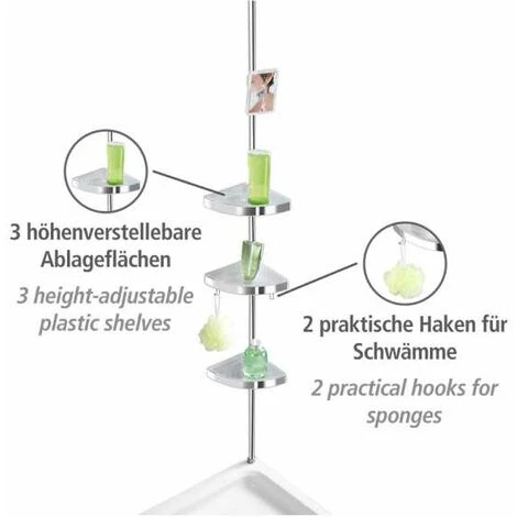 WENKO Étagère D'angle De Douche Télescopique Premium, 3 Paniers De Douche Fixation Sans Perçage, Fixation Par Torsion Et Réglable En Hauteur, Aluminium - Plastique, 27,5x70-260x20 Cm, Brillant 5 WENKO Étagère D'angle De Douche Télescopique Premium, 3 Paniers De Douche Fixation Sans Perçage, Fixation Par Torsion Et Réglable En Hauteur, Aluminium - Plastique, 27,5x70-260x20 Cm, Brillant – Image 3