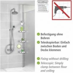 WENKO Étagère D'angle De Douche Télescopique Premium, 3 Paniers De Douche Fixation Sans Perçage, Fixation Par Torsion Et Réglable En Hauteur, Aluminium - Plastique, 27,5x70-260x20 Cm, Brillant 10 WENKO Étagère D'angle De Douche Télescopique Premium, 3 Paniers De Douche Fixation Sans Perçage, Fixation Par Torsion Et Réglable En Hauteur, Aluminium - Plastique, 27,5x70-260x20 Cm, Brillant -WENKO Soldes 6579273 4