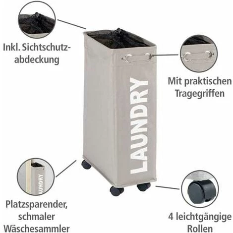 WENKO Panier à Linge étroit "Laundry", Panier Linge Roulettes, Corno, Capacité 43 L, Polyester, 18.5x60x40 Cm, Taupe - Gris - Taupe 4 WENKO Panier à Linge étroit "Laundry", Panier Linge Roulettes, Corno, Capacité 43 L, Polyester, 18.5x60x40 Cm, Taupe - Gris - Taupe – Image 2