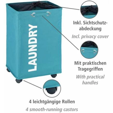 WENKO Panier à Linge Quadro "Laundry", Panier à Linge à Roulettes Et Poignée De Transport, Capacité 79L, Polyester, 140x60x33 Cm, Turquoise - Pétrole 4 WENKO Panier à Linge Quadro "Laundry", Panier à Linge à Roulettes Et Poignée De Transport, Capacité 79L, Polyester, 140x60x33 Cm, Turquoise - Pétrole – Image 2