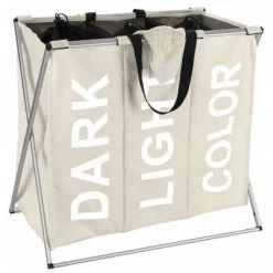 WENKO Panier à Linge Pliant Trio "Dark - Light & Color", Panier à Linge 3 Compartiments Avec Poignée De Transport, Capacité 130L, Polyester - Aluminium, 63x57x38 Cm, Beige