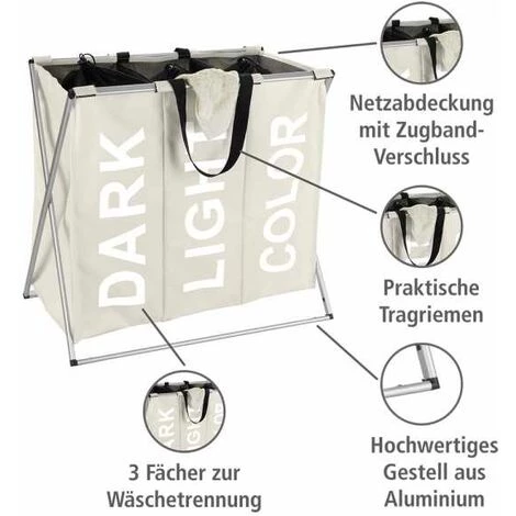 WENKO Panier à Linge Pliant Trio "Dark - Light & Color", Panier à Linge 3 Compartiments Avec Poignée De Transport, Capacité 130L, Polyester - Aluminium, 63x57x38 Cm, Beige 4 WENKO Panier à Linge Pliant Trio "Dark - Light & Color", Panier à Linge 3 Compartiments Avec Poignée De Transport, Capacité 130L, Polyester - Aluminium, 63x57x38 Cm, Beige – Image 2