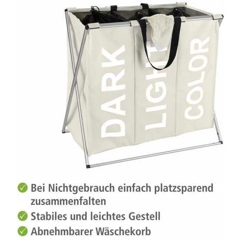 WENKO Panier à Linge Pliant Trio "Dark - Light & Color", Panier à Linge 3 Compartiments Avec Poignée De Transport, Capacité 130L, Polyester - Aluminium, 63x57x38 Cm, Beige 5 WENKO Panier à Linge Pliant Trio "Dark - Light & Color", Panier à Linge 3 Compartiments Avec Poignée De Transport, Capacité 130L, Polyester - Aluminium, 63x57x38 Cm, Beige – Image 3