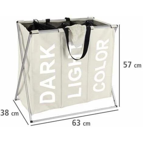 WENKO Panier à Linge Pliant Trio "Dark - Light & Color", Panier à Linge 3 Compartiments Avec Poignée De Transport, Capacité 130L, Polyester - Aluminium, 63x57x38 Cm, Beige 6 WENKO Panier à Linge Pliant Trio "Dark - Light & Color", Panier à Linge 3 Compartiments Avec Poignée De Transport, Capacité 130L, Polyester - Aluminium, 63x57x38 Cm, Beige – Image 4