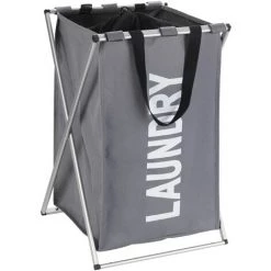 WENKO Panier à Linge Pliant Uno "Laundry", Panier à Linge Sale Avec Poignée De Transport, Capacité 52L, Polyester - Aluminium, 35x57x38 Cm, Gris