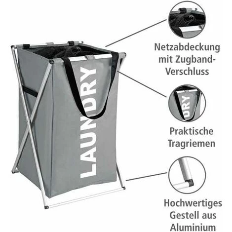 WENKO Panier à Linge Pliant Uno "Laundry", Panier à Linge Sale Avec Poignée De Transport, Capacité 52L, Polyester - Aluminium, 35x57x38 Cm, Gris 4 WENKO Panier à Linge Pliant Uno "Laundry", Panier à Linge Sale Avec Poignée De Transport, Capacité 52L, Polyester - Aluminium, 35x57x38 Cm, Gris – Image 2