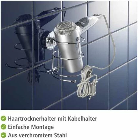 WENKO Porte Sèche Cheveux Mural Milazzo, Support Sèche Cheveux Mural Sans Perçage Vacuum-Loc®, Repositionnable Sans Laisser De Trace, Acier, 11,5x17,5x14,5 Cm, Brillant - Chromé 5 WENKO Porte Sèche Cheveux Mural Milazzo, Support Sèche Cheveux Mural Sans Perçage Vacuum-Loc®, Repositionnable Sans Laisser De Trace, Acier, 11,5x17,5x14,5 Cm, Brillant - Chromé – Image 3