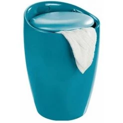 WENKO Tabouret Panier à Linge, Coffre à Linge Et Tabouret Salle De Bain Candy, Coussin Amovible, Plastique, 20 Litres, Ø 36x50,5 Cm, Turquoise - Pétrole