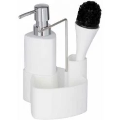 WENKO Organiseur Pour évier, Distributeur Liquide Vaisselle, Porte éponge, Goupillon, Empire, Céramique - Plastique, 11x19x12,5 Cm, Blanc - Blanc