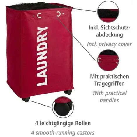 WENKO Panier à Linge Quadro "Laundry", Panier à Linge à Roulettes Et Poignée De Transport, Capacité 79L, Polyester, 140x60x33 Cm, Rouge - Rouge 4 WENKO Panier à Linge Quadro "Laundry", Panier à Linge à Roulettes Et Poignée De Transport, Capacité 79L, Polyester, 140x60x33 Cm, Rouge - Rouge – Image 2