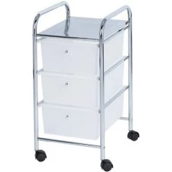 WENKO Desserte Messina, Tour De Rangement 3 Tiroirs Avec Roulettes, Structure Chromé, Tiroir Plastique Blanc, 33x65,5x39 Cm