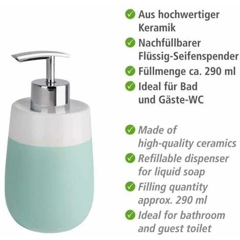 WENKO Distributeur Savon Liquide, Malta, Capacité 290 Ml, Céramique, 7,5x15x8 Cm, Menthe/blanc - Vert - Vert Menthe 4 WENKO Distributeur Savon Liquide, Malta, Capacité 290 Ml, Céramique, 7,5x15x8 Cm, Menthe/blanc - Vert - Vert Menthe – Image 2
