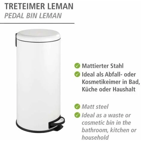 WENKO Poubelle Cuisine Leman 30L, Poubelle à Pédale Avec Frein De Chute Easy Close, Acier Inox, 30,5x64x37,5 Cm, Blanc 5 WENKO Poubelle Cuisine Leman 30L, Poubelle à Pédale Avec Frein De Chute Easy Close, Acier Inox, 30,5x64x37,5 Cm, Blanc – Image 3