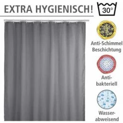 WENKO Rideau De Douche Antimoisissure, Rideau De Douche 180x200 Cm, Lavable En Machine Et Waterproof, 12 Anneaux Rideau De Douche En Plastique Blanc Inclus, 100% Polyester, 180x200 Cm, Gris - Gris -WENKO Soldes 6579652 3