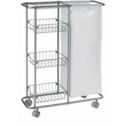 WENKO Desserte à Roulettes étroite Slim, Chariot De Ménage, Rangement Cellier Avec 3 Paniers De Rangement, Métal - Plastique, 58x80x20 Cm, Gris