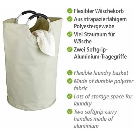 WENKO Panier à Linge Souple Jumbo, Panier à Linge Sale Avec Poignée De Transport, Capacité 69L, Polyester - Aluminium, Ø 38x72 Cm, Beige - Beige 4 WENKO Panier à Linge Souple Jumbo, Panier à Linge Sale Avec Poignée De Transport, Capacité 69L, Polyester - Aluminium, Ø 38x72 Cm, Beige - Beige – Image 2