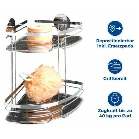 WENKO Etagère D'angle De Douche Classic, 2 Paniers De Douche D'angle, Fixation Murale Sans Perçage Turbo Fix, Acier Inox, 20,5x30x20,5 Cm, Brillant 4 WENKO Etagère D'angle De Douche Classic, 2 Paniers De Douche D'angle, Fixation Murale Sans Perçage Turbo Fix, Acier Inox, 20,5x30x20,5 Cm, Brillant – Image 2