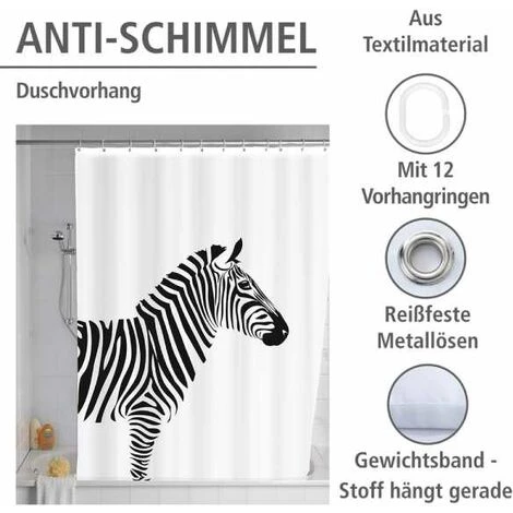WENKO Rideau De Douche Antimoisissure Wild, Rideau De Douche Original, Lavable En Machine Et Waterproof, 12 Anneaux Rideau De Douche En Plastique Blanc Inclus, Polyester, 180x200 Cm, Noir - Blanc - Blanc 4 WENKO Rideau De Douche Antimoisissure Wild, Rideau De Douche Original, Lavable En Machine Et Waterproof, 12 Anneaux Rideau De Douche En Plastique Blanc Inclus, Polyester, 180x200 Cm, Noir - Blanc - Blanc – Image 2