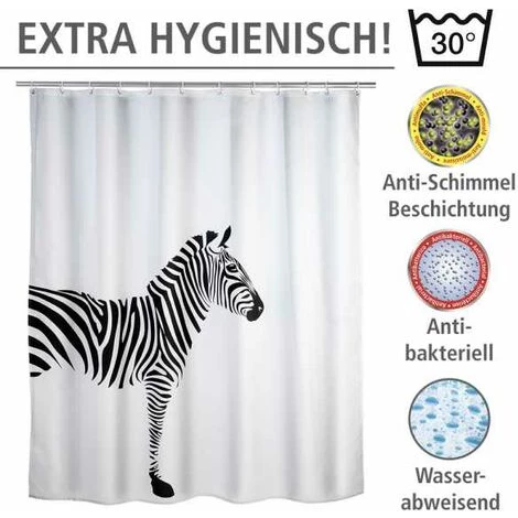 WENKO Rideau De Douche Antimoisissure Wild, Rideau De Douche Original, Lavable En Machine Et Waterproof, 12 Anneaux Rideau De Douche En Plastique Blanc Inclus, Polyester, 180x200 Cm, Noir - Blanc - Blanc 5 WENKO Rideau De Douche Antimoisissure Wild, Rideau De Douche Original, Lavable En Machine Et Waterproof, 12 Anneaux Rideau De Douche En Plastique Blanc Inclus, Polyester, 180x200 Cm, Noir - Blanc - Blanc – Image 3