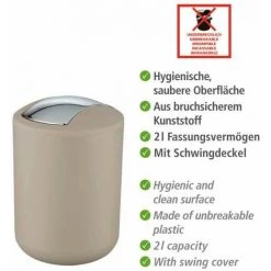 WENKO Poubelle Salle De Bain, Mini Poubelle Salle De Bain, Couvercle Basculant, Brasil S, Capacité 2L, Plastique PET Incassable, ø14x21 Cm, Taupe 6 WENKO Poubelle Salle De Bain, Mini Poubelle Salle De Bain, Couvercle Basculant, Brasil S, Capacité 2L, Plastique PET Incassable, ø14x21 Cm, Taupe -WENKO Soldes 6579756 2