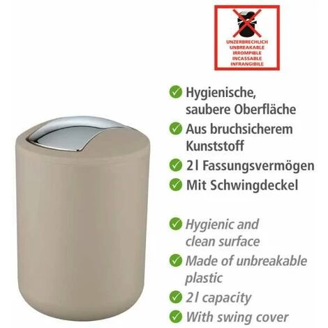 WENKO Poubelle Salle De Bain, Mini Poubelle Salle De Bain, Couvercle Basculant, Brasil S, Capacité 2L, Plastique PET Incassable, ø14x21 Cm, Taupe 4 WENKO Poubelle Salle De Bain, Mini Poubelle Salle De Bain, Couvercle Basculant, Brasil S, Capacité 2L, Plastique PET Incassable, ø14x21 Cm, Taupe – Image 2