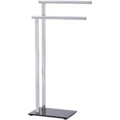 WENKO Porte Serviette Salle De Bain Sur Pied, Lava, 2 Barres Porte Serviette, Acier Inox - Verre Trempé, 42x81x20 Cm, Brillant - Noir