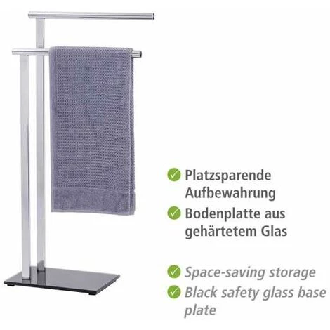 WENKO Porte Serviette Salle De Bain Sur Pied, Lava, 2 Barres Porte Serviette, Acier Inox - Verre Trempé, 42x81x20 Cm, Brillant - Noir 5 WENKO Porte Serviette Salle De Bain Sur Pied, Lava, 2 Barres Porte Serviette, Acier Inox - Verre Trempé, 42x81x20 Cm, Brillant - Noir – Image 3