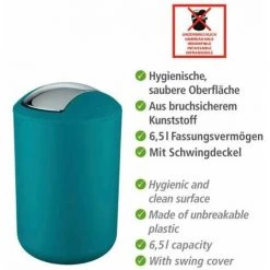 WENKO Poubelle Salle De Bain, Petite Poubelle Salle De Bain, Couvercle Basculant, Brasil L, Capacité 6,5L, Plastique PET Incassable, ø19,5x31 Cm, Turquoise - Pétrole 11 WENKO Poubelle Salle De Bain, Petite Poubelle Salle De Bain, Couvercle Basculant, Brasil L, Capacité 6,5L, Plastique PET Incassable, ø19,5x31 Cm, Turquoise - Pétrole -WENKO Soldes 6579773 5