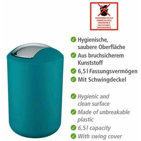 WENKO Poubelle Salle De Bain, Petite Poubelle Salle De Bain, Couvercle Basculant, Brasil L, Capacité 6,5L, Plastique PET Incassable, ø19,5x31 Cm, Turquoise - Pétrole 7 WENKO Poubelle Salle De Bain, Petite Poubelle Salle De Bain, Couvercle Basculant, Brasil L, Capacité 6,5L, Plastique PET Incassable, ø19,5x31 Cm, Turquoise - Pétrole – Image 5