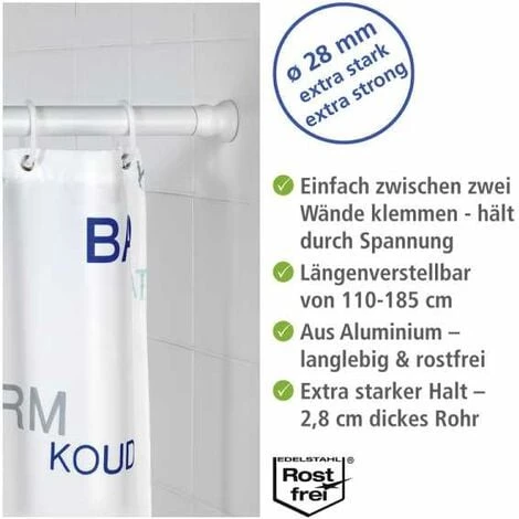 WENKO Barre De Douche Extensible Ajustable En Longueur, Tringle Rideau De Douche Télescopique Fixation Sans Perçage Par Torsion, Aluminium Inoxydable - Plastique, Ø 28 Mm X 180 - 185 Cm, Blanc 3 WENKO Barre De Douche Extensible Ajustable En Longueur, Tringle Rideau De Douche Télescopique Fixation Sans Perçage Par Torsion, Aluminium Inoxydable - Plastique, Ø 28 Mm X 180 - 185 Cm, Blanc