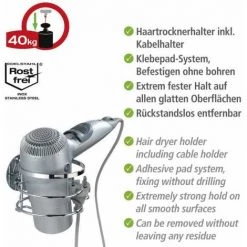 WENKO Porte Sèche-cheveux Mural, Support Sèche Cheveux Mural Turbo-Loc® Fixation Sans Perçage, Acier Inox, 38x10,5x11 Cm, Brillant - Brillant -WENKO Soldes 6579837 3