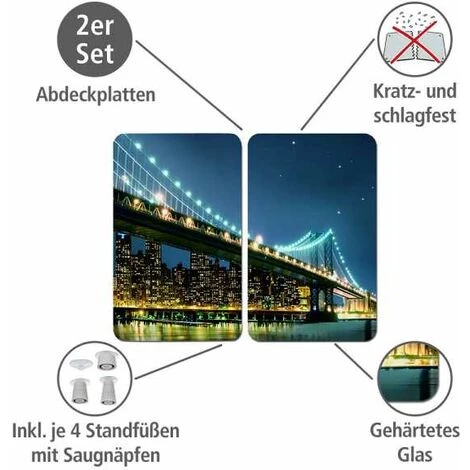 WENKO Protection Plaque De Cuisson, Couvre Plaque De Cuisson En Verre "Brooklyn Bridge", Lot De 2, Verre Trempé, 30x52 Cm, Multicolore 4 WENKO Protection Plaque De Cuisson, Couvre Plaque De Cuisson En Verre "Brooklyn Bridge", Lot De 2, Verre Trempé, 30x52 Cm, Multicolore – Image 2