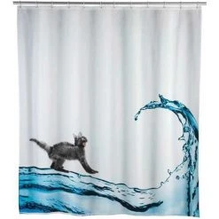 WENKO Rideau De Douche Antimoisissure Cat, Rideau De Douche Original, Lavable En Machine Et Waterproof, 12 Anneaux Rideau De Douche En Plastique Blanc Inclus, Polyester, 180x200 Cm, Multicolore - Multicolore