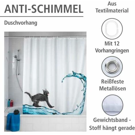 WENKO Rideau De Douche Antimoisissure Cat, Rideau De Douche Original, Lavable En Machine Et Waterproof, 12 Anneaux Rideau De Douche En Plastique Blanc Inclus, Polyester, 180x200 Cm, Multicolore - Multicolore 4 WENKO Rideau De Douche Antimoisissure Cat, Rideau De Douche Original, Lavable En Machine Et Waterproof, 12 Anneaux Rideau De Douche En Plastique Blanc Inclus, Polyester, 180x200 Cm, Multicolore - Multicolore – Image 2