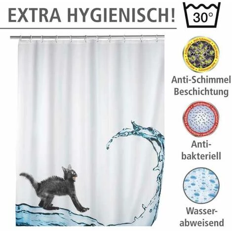 WENKO Rideau De Douche Antimoisissure Cat, Rideau De Douche Original, Lavable En Machine Et Waterproof, 12 Anneaux Rideau De Douche En Plastique Blanc Inclus, Polyester, 180x200 Cm, Multicolore - Multicolore 5 WENKO Rideau De Douche Antimoisissure Cat, Rideau De Douche Original, Lavable En Machine Et Waterproof, 12 Anneaux Rideau De Douche En Plastique Blanc Inclus, Polyester, 180x200 Cm, Multicolore - Multicolore – Image 3