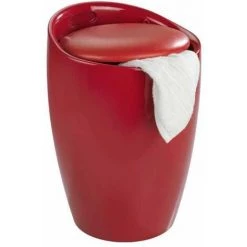 WENKO Tabouret Panier à Linge, Coffre à Linge Et Tabouret Salle De Bain Candy, Coussin Amovible, Plastique, 20 Litres, Ø 36x50,5 Cm, Rouge - Rouge