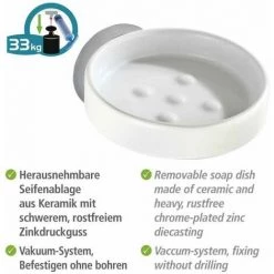 WENKO Porte Savon Mural Sans Perçage Capri, Vacuum-Loc® Fixation Sans Perçage, Support Pour Savon Solide, Repositionnable Sans Laisser De Trace, Céramique-Zinc Inoxydable, 11x6x15 Cm, Blanc-brillant - Chromé -WENKO Soldes 6579914 4
