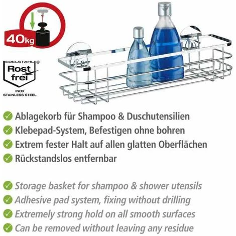 WENKO Etagère Murale Salle De Bain, Panier De Douche Fixation Sans Perçage Turbo-Loc®, Acier Inox, 38,5x8,5x14,5 Cm, Brillant - Brillant 5 WENKO Etagère Murale Salle De Bain, Panier De Douche Fixation Sans Perçage Turbo-Loc®, Acier Inox, 38,5x8,5x14,5 Cm, Brillant - Brillant – Image 3