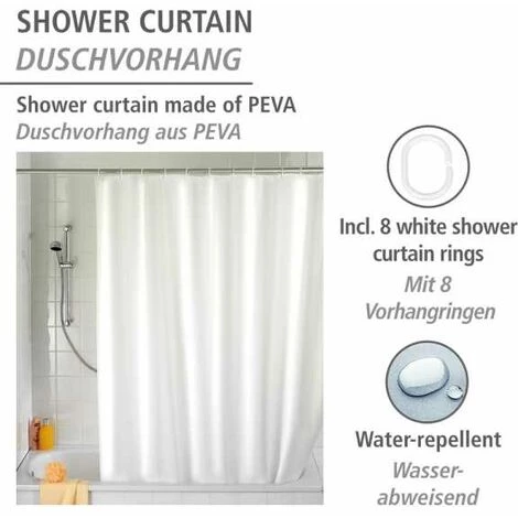 WENKO Rideau De Douche Blanc Uni, Rideau De Douche 120x200 Cm, Imperméable à L'eau, 8 Anneaux Rideau De Douche En Plastique Blanc Inclus, PEVA Matériau Recyclé Et Recyclable, 120x200 Cm, Blanc - Blanc 4 WENKO Rideau De Douche Blanc Uni, Rideau De Douche 120x200 Cm, Imperméable à L'eau, 8 Anneaux Rideau De Douche En Plastique Blanc Inclus, PEVA Matériau Recyclé Et Recyclable, 120x200 Cm, Blanc - Blanc – Image 2