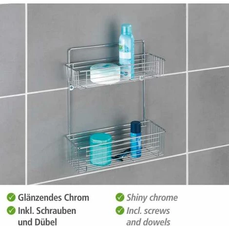 WENKO Etagère Murale Salle De Bain Avesta, 2 Paniers De Douche Fixation Murale, Acier, 32x38x12 Cm, Brillant - Chromé 5 WENKO Etagère Murale Salle De Bain Avesta, 2 Paniers De Douche Fixation Murale, Acier, 32x38x12 Cm, Brillant - Chromé – Image 3