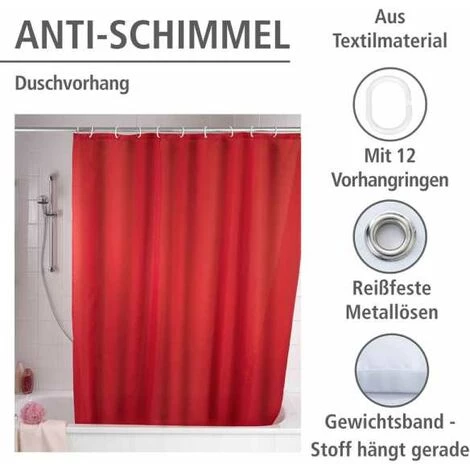 WENKO Rideau De Douche Antimoisissure, Rideau De Douche 180x200 Cm, Lavable En Machine Et Waterproof, 12 Anneaux Rideau De Douche En Plastique Blanc Inclus, 100% Polyester, 180x200 Cm, Rouge - Rouge 4 WENKO Rideau De Douche Antimoisissure, Rideau De Douche 180x200 Cm, Lavable En Machine Et Waterproof, 12 Anneaux Rideau De Douche En Plastique Blanc Inclus, 100% Polyester, 180x200 Cm, Rouge - Rouge – Image 2