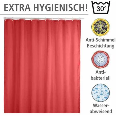 WENKO Rideau De Douche Antimoisissure, Rideau De Douche 180x200 Cm, Lavable En Machine Et Waterproof, 12 Anneaux Rideau De Douche En Plastique Blanc Inclus, 100% Polyester, 180x200 Cm, Rouge - Rouge 5 WENKO Rideau De Douche Antimoisissure, Rideau De Douche 180x200 Cm, Lavable En Machine Et Waterproof, 12 Anneaux Rideau De Douche En Plastique Blanc Inclus, 100% Polyester, 180x200 Cm, Rouge - Rouge – Image 3