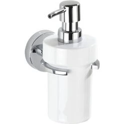 WENKO Distributeur Savon Liquide Mural Capri, Vacuum-Loc® Fixation Sans Perçage, Capacité 330 Ml, Utilisation Dans La Salle De Bain Et La Cuisine, Céramique - Zinc, 8x17x13 Cm, Blanc - Brillant - Chromé