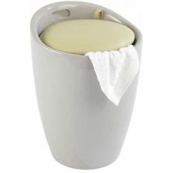WENKO Tabouret Panier à Linge, Coffre à Linge Et Tabouret Salle De Bain Candy, Coussin Amovible, 20 Litres, Plastique, Ø 36x50,5 Cm, Taupe Pastel