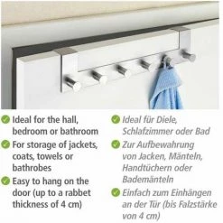 WENKO Patère De Porte à Suspendre Celano, 6 Crochets De Porte Pour Les Serviettes Ou Les Manteaux, Fixation Sans Perçage, Epaisseur 4 Mm, Acier Inoxydable, 39x11x7,5 Cm, Argent Mat - Mat -WENKO Soldes 6580215 3