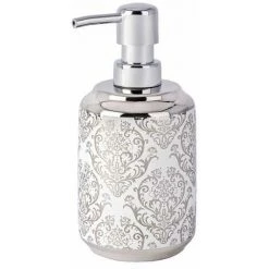 WENKO Distributeur Savon Liquide, Barock, Capacité 400 Ml, Céramique Avec Impression Ornement Argenté, 8x16,5x9 Cm, Blanc - Blanc