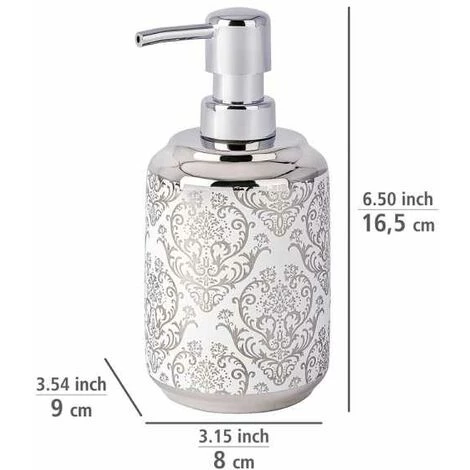 WENKO Distributeur Savon Liquide, Barock, Capacité 400 Ml, Céramique Avec Impression Ornement Argenté, 8x16,5x9 Cm, Blanc - Blanc 5 WENKO Distributeur Savon Liquide, Barock, Capacité 400 Ml, Céramique Avec Impression Ornement Argenté, 8x16,5x9 Cm, Blanc - Blanc – Image 3