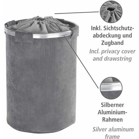 WENKO Panier à Linge Cordoba, Panier à Linge Sale Avec Cordon Fermeture, Capacité 68 Litres, Polyester - Aluminium, Ø 40x54 Cm, Gris 4 WENKO Panier à Linge Cordoba, Panier à Linge Sale Avec Cordon Fermeture, Capacité 68 Litres, Polyester - Aluminium, Ø 40x54 Cm, Gris – Image 2
